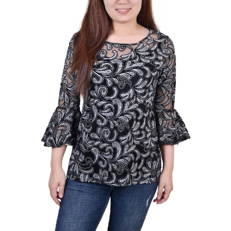 NY Collection Womens Petites Printed Elbow Sleeve Blouse Frilled Cuff Blouse