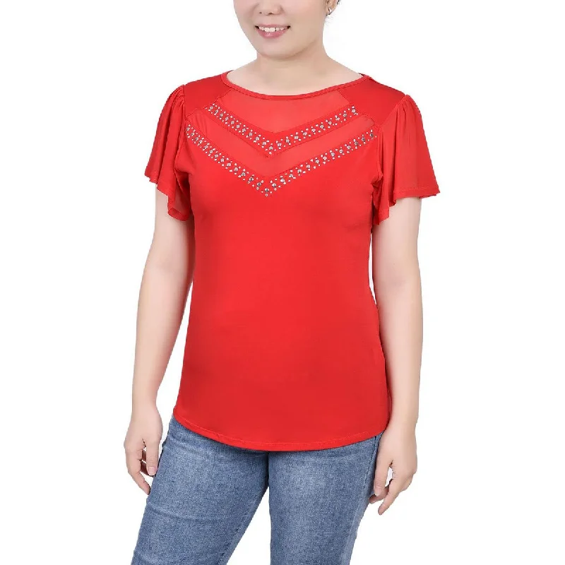 NY Collection Womens Petites   Studded Flutter Sleeve Blouse Romantic Lace Blouse