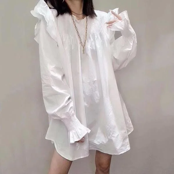 Patchwork Wrinkles Casual Blouse Women Ruffles Tide Fashion New Style O Neck Collar Long Sleeve Loose Elegant Top Soft Knit Blouse