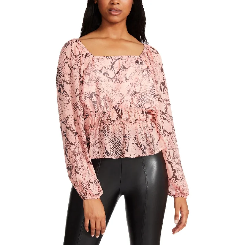 Steve Madden Women's Ruffled Snake Print Square Neck Chiffon Blouse Elegant Embroidery Blouse