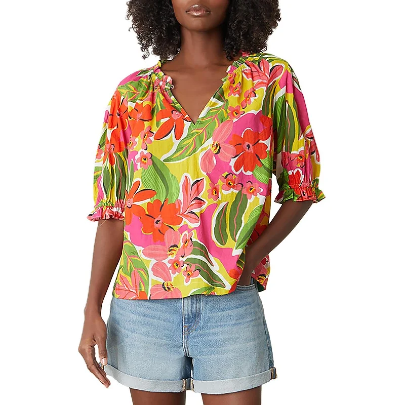 VELVET BY GRAHAM & SPENCER Womens Split Neck Floral Print Blouse Feminine Puff Blouse
