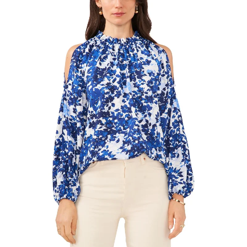 Vince Camuto Womens Ruffle Neck Floral Print Blouse Flowy Bohemian Blouse