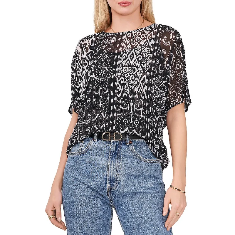 Vince Camuto Womens Sheer Crewneck Blouse Double Button Blouse