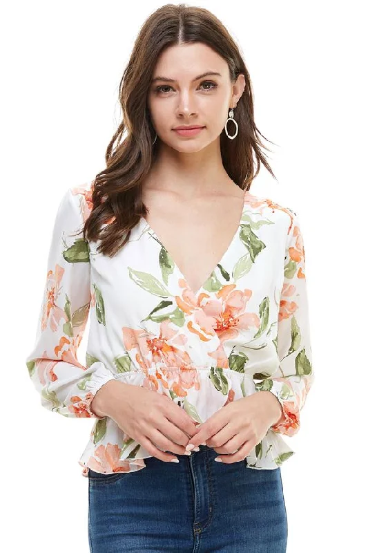 Floral Surplice Peplum Hem Blouse