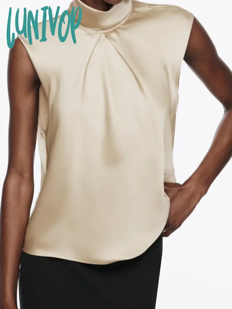 Lunivop Sleeveless Satin Blouse Women 2024 New Elegant Fashion O-neck Solid Color Blouses Spring Summer Casual Simple Blouse Female