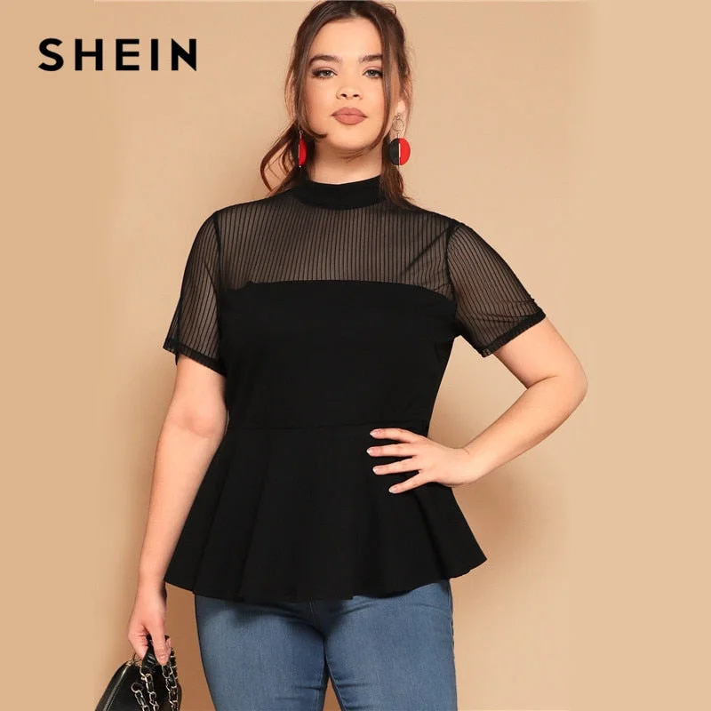 SHEIN Plus Size Black Striped Mesh Yoke Peplum Top Blouse 2019 Women Summer Stand Collar Slim Fit Ruffle Hem Sheer Blouses Shirt