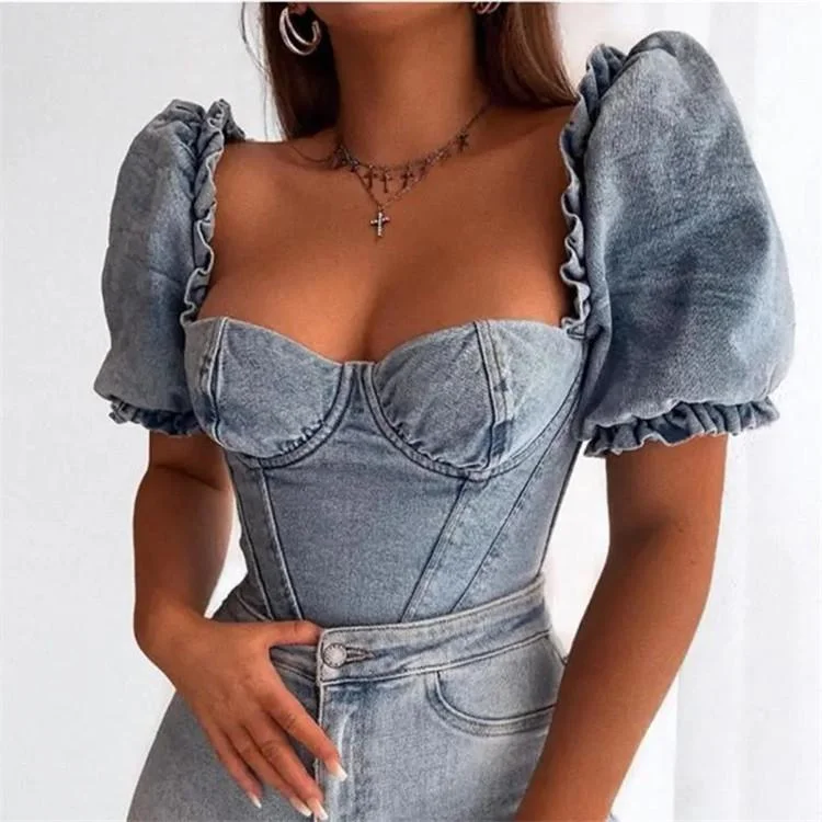 Square Neck Puff Sleeve Denim Blouse