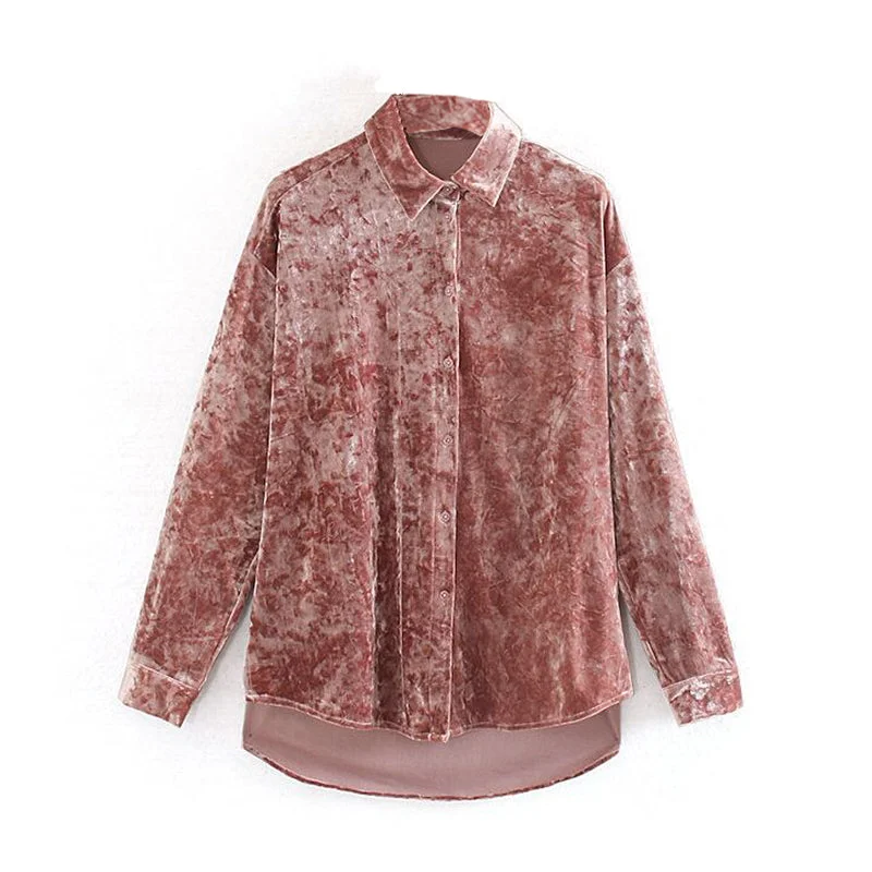 Velvet Fabric Pink Blouse Women Autumn