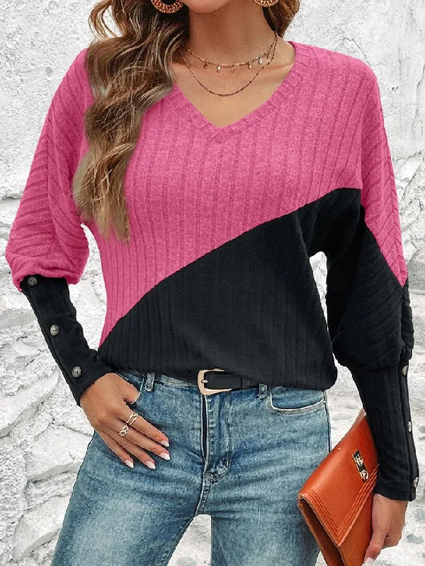 Contrast Buttoned V-Neck Blouse