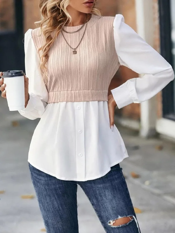 Contrast Puff Sleeve Blouse in 3 Colors