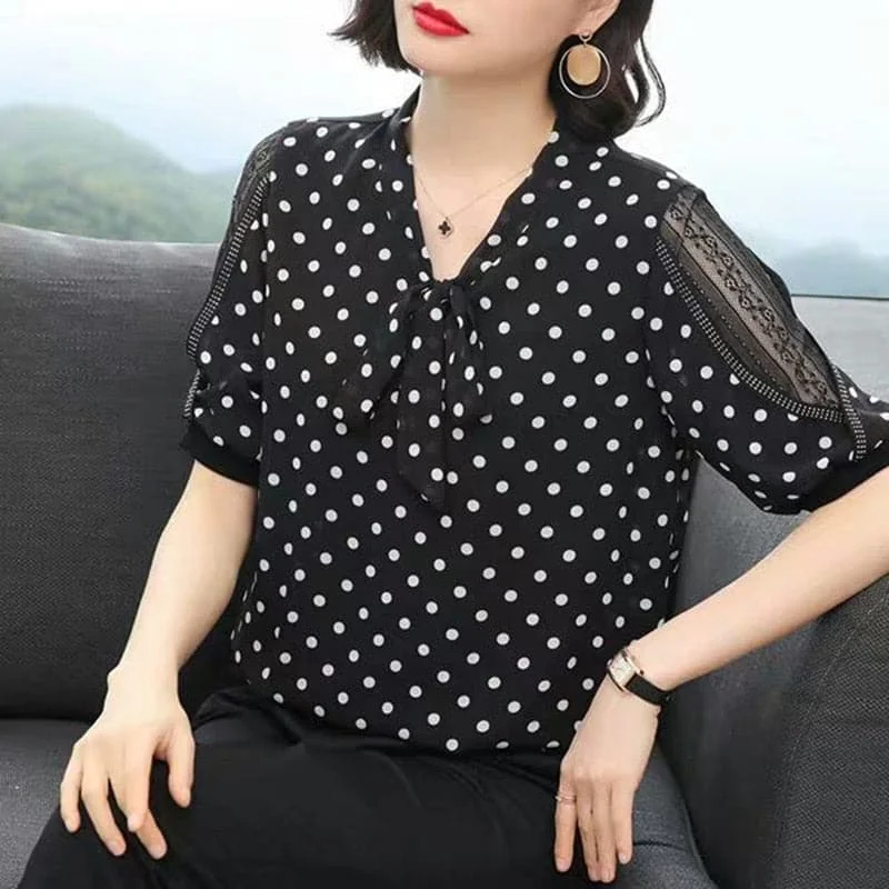 DDJ Women's Fashion Stylish Polka Dots Chiffon Blouse Top