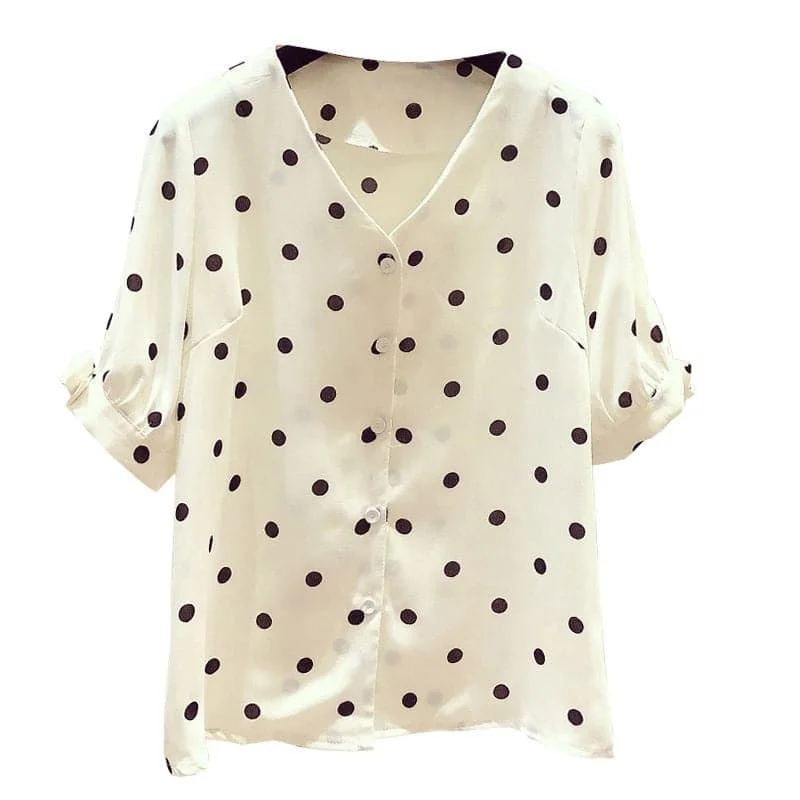 DDJ Women's Fashion Stylish Polka Dots Chiffon Blouse Top