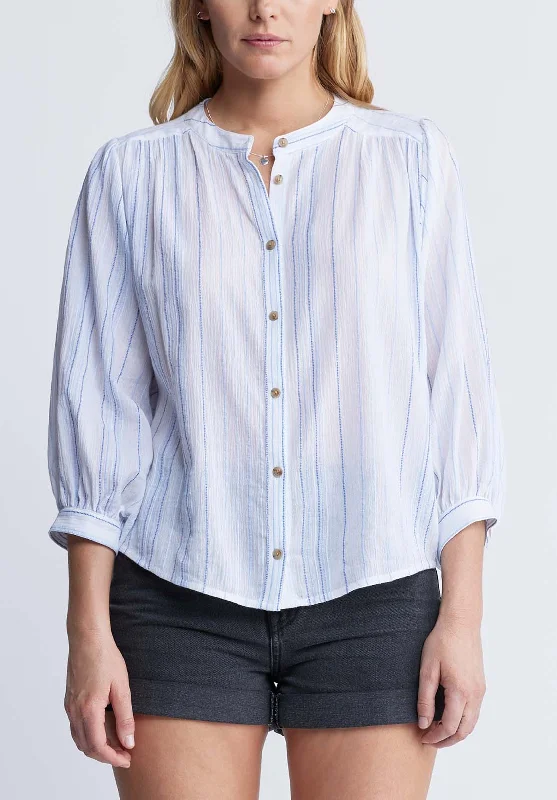 Ishara Women’s Balloon Sleeve Striped Blouse in White & Light Blue - WT0097P