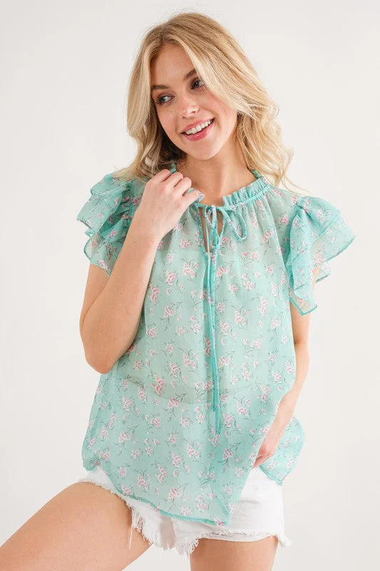 MINT FLORAL PRINT RUFFLED BLOUSE TOP TY12817PC