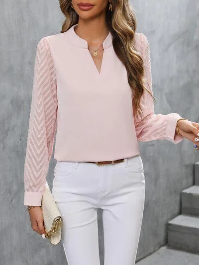 Notched Long Sleeve Blouse in 3 Colors