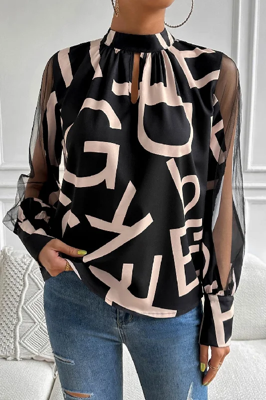 Printed Spliced Mesh Sleeve Blouse