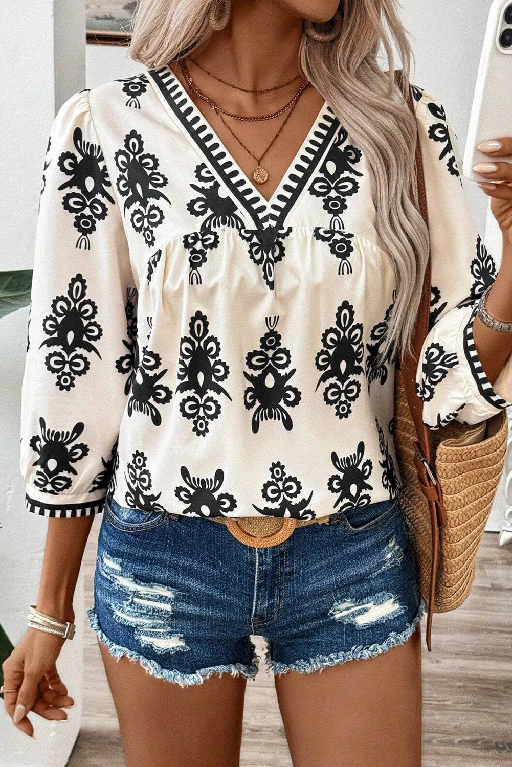 Printed V-Neck Blouse in 3 Colors