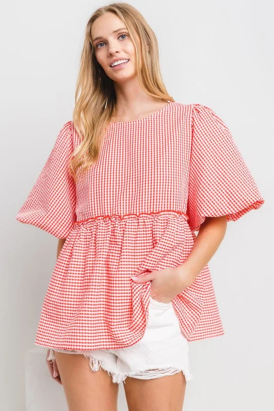 RED GINGHAM PUFF SLEEVES BLOUSE TOP TJ10664N