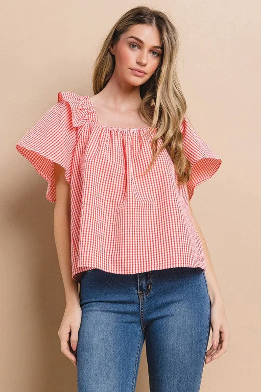 RED GINGHAM SQUARE NECK RUFFLED BLOUSE TOP TU13637PA