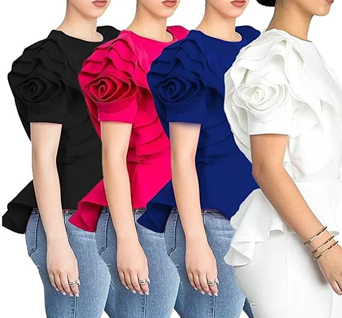 Women Round Neck Ruffle Short Sleeve Peplum Blouse