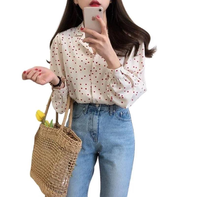 WTS Women's Fashion Stylish Long Sleeve Polka Dots Blouse