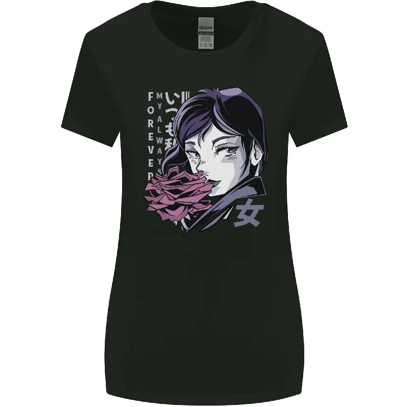 Anime Girl With Flowers Womens Wider Cut T-Shirt Front Pockets Side Pockets Patch Pockets Anime Girl With Flowers Womens Wider Cut T-Shirt Front Pockets Side Pockets Patch Pockets