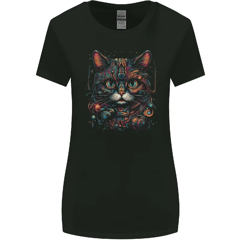 Astral Cat With Fantasy Tribal Markings Womens Wider Cut T-Shirt Notch Collar Peter Pan Collar Cowl Neck Astral Cat With Fantasy Tribal Markings Womens Wider Cut T-Shirt Notch Collar Peter Pan Collar Cowl Neck