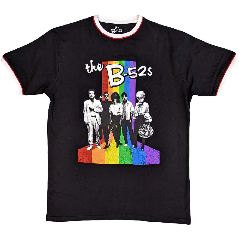 B52s | Official Band Ringer T-Shirt |  Rainbow Stripes Ringer Front Pockets Side Pockets Patch Pockets