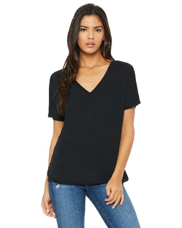 Bella+Canvas Ladies Flowy Simple V-Neck T-Shirt | Black Solid Color Striped Floral