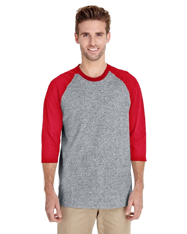 Gildan Heavy Cotton 3/4-Raglan Sleeve T-Shirt | Sport Grey/ Red Mesh Canvas Denim