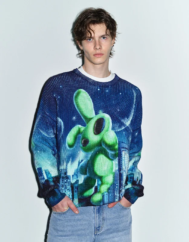 Interstellar Bunny Printed Knitted T-Shirt Embroidered Appliqued Beaded