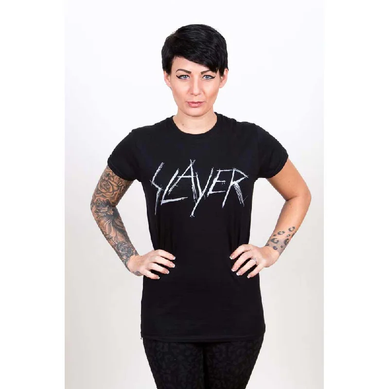Slayer Ladies T-Shirt: Scratchy Logo Silk Blend Satin Velvet