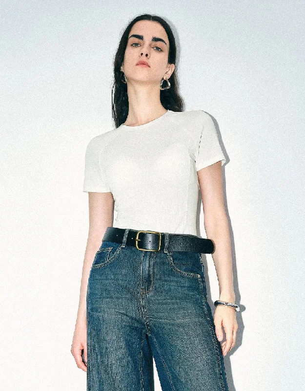 Crew Neck Straight T-Shirt Lace Blend Ribbed Blend Corduroy Blend