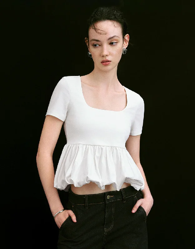 Bubble Hem U Neck Straight T-Shirt Striped Floral Plaid