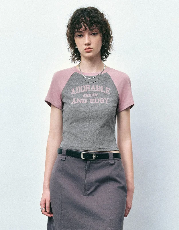 Letter Printed Crew Neck T-Shirt Lace Blend Ribbed Blend Corduroy Blend