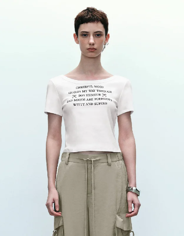 Letter Printed Crew Neck T-Shirt Lace Blend Ribbed Blend Corduroy Blend