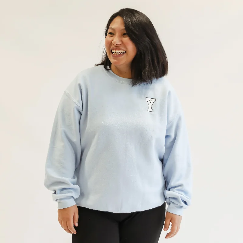 Y Varsity Crew Neck Jumper - Light Blue Ribbed Striped Patterned