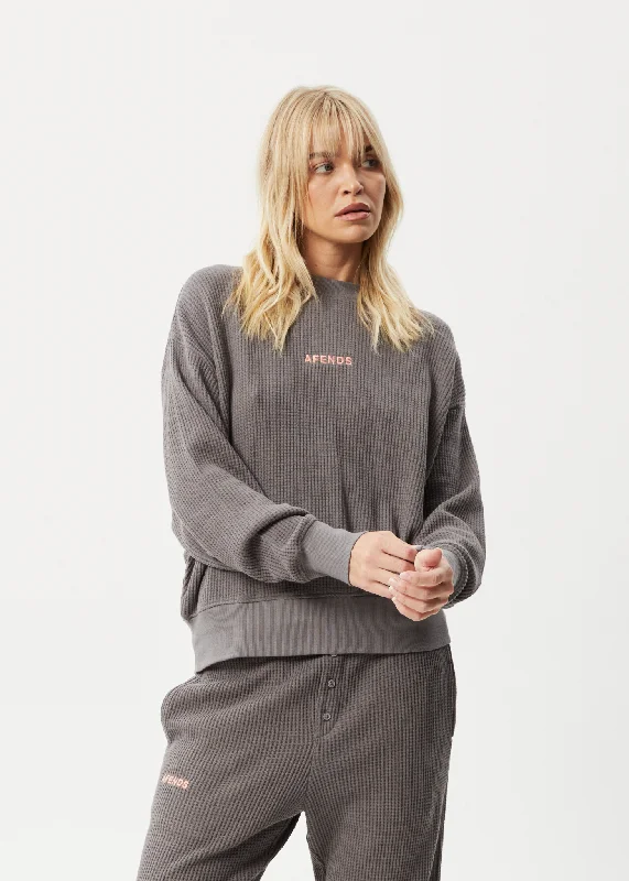 AFENDS Womens Ari - Waffle Crew Neck Jumper - Steel Cotton Fabric Linen Fabric Terry Fabric AFENDS Womens Ari - Waffle Crew Neck Jumper - Steel Cotton Fabric Linen Fabric Terry Fabric