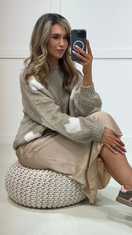 Bonnie Taupe With White Printed Hearts Jumper Denim Fabric Leather Fabric Suede Fabric Bonnie Taupe With White Printed Hearts Jumper Denim Fabric Leather Fabric Suede Fabric