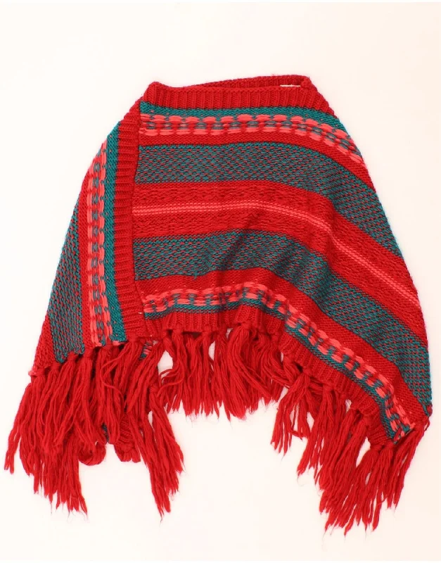 PROMOD Womens Poncho Jumper One Size Red Striped Acrylic Beaded Sweater Sequined Faux Fur PROMOD Womens Poncho Jumper One Size Red Striped Acrylic Beaded Sweater Sequined Faux Fur