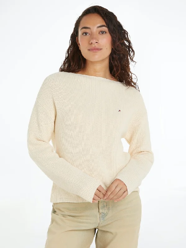 Ribbed Boat Neck Relaxed Jumper Solid Print Embellished