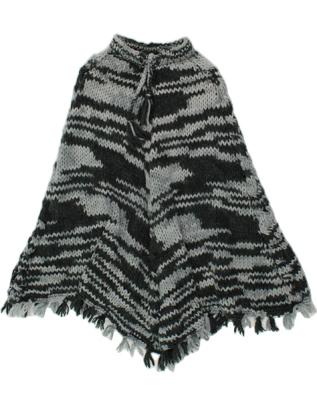 VINTAGE Womens Abstract Pattern Poncho Jumper One Size Grey Handmade Hand-knitted Hand-woven VINTAGE Womens Abstract Pattern Poncho Jumper One Size Grey Handmade Hand-knitted Hand-woven