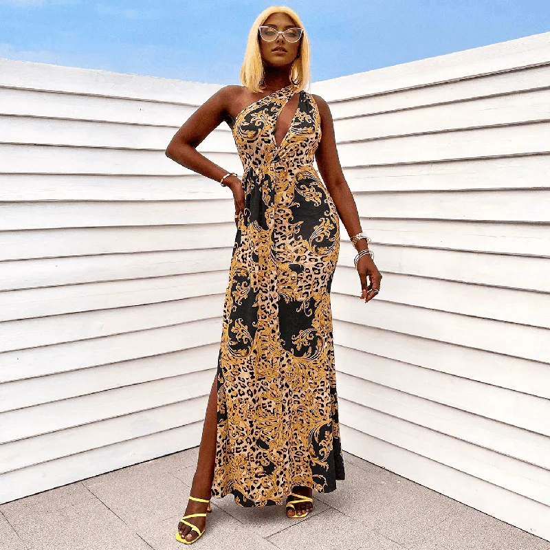 Julia Fashion - Sexy Printed Slant Shoulder Cut Out Maxi Dress Comfortable Fit-and-Flare Maxi Dress Julia Fashion - Sexy Printed Slant Shoulder Cut Out Maxi Dress Comfortable Fit-and-Flare Maxi Dress
