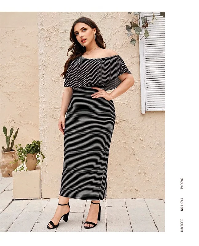 JuliaFashion - 2024 Shoulder Ruffle Stripe Rear Fork Waist Maxi Dresses Chic Summer Maxi Dress JuliaFashion - 2024 Shoulder Ruffle Stripe Rear Fork Waist Maxi Dresses Chic Summer Maxi Dress