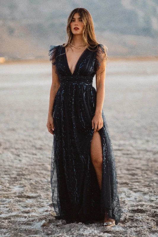 Annika Sequin Mesh Maxi Dress | Navy Classic Solid Maxi Dress