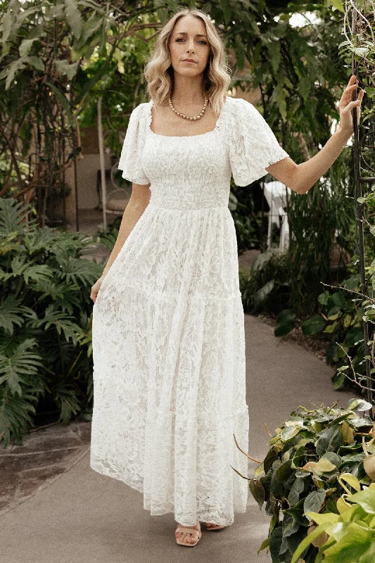 Aspen Smocked Lace Maxi Dress | Off White Comfortable Satin Maxi Dress