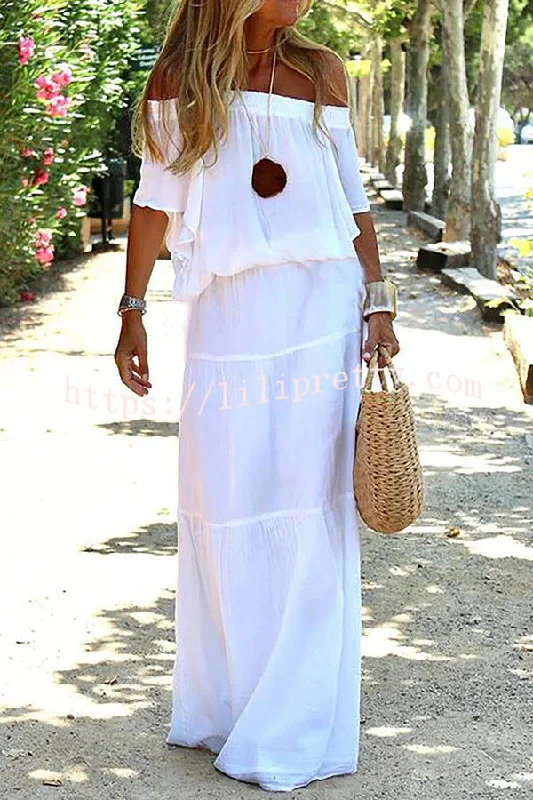 Lilipretty Carlena Off Shoulder Holiday Maxi Dress Stylish Maxi Dress with Pleats