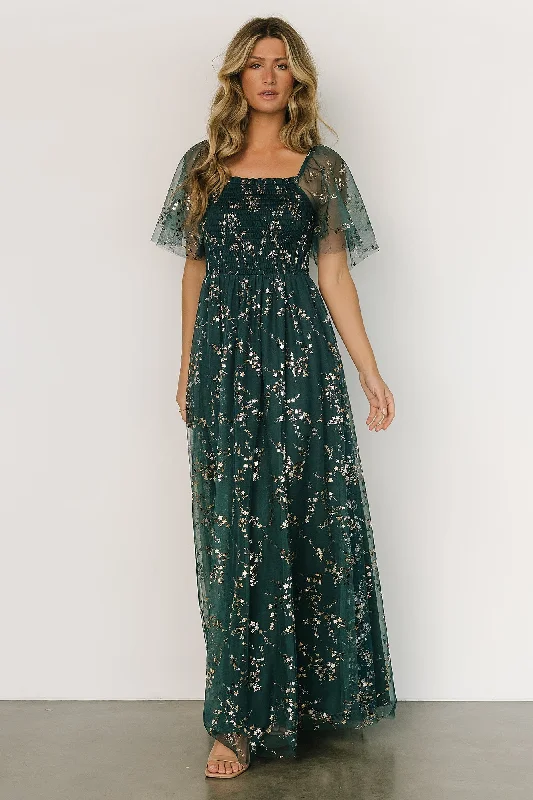 Cassandra Tulle Maxi Dress | Green + Gold Comfortable Ruffle Hem Maxi Dress