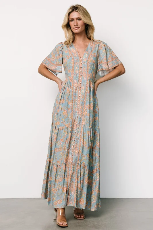 Cheryl Maxi Dress | Dusty Blue Floral Stylish Longline Maxi Dress