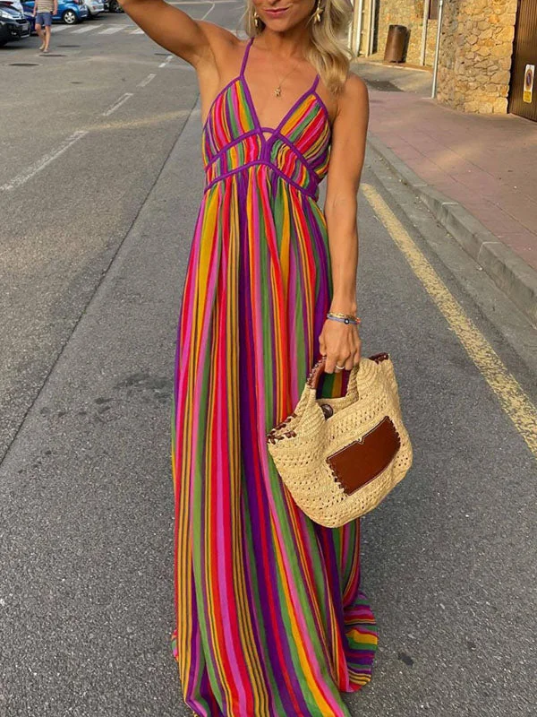 Cross-strap Rainbow Stripe Maxi Dress Cozy Ribbed Maxi Dress